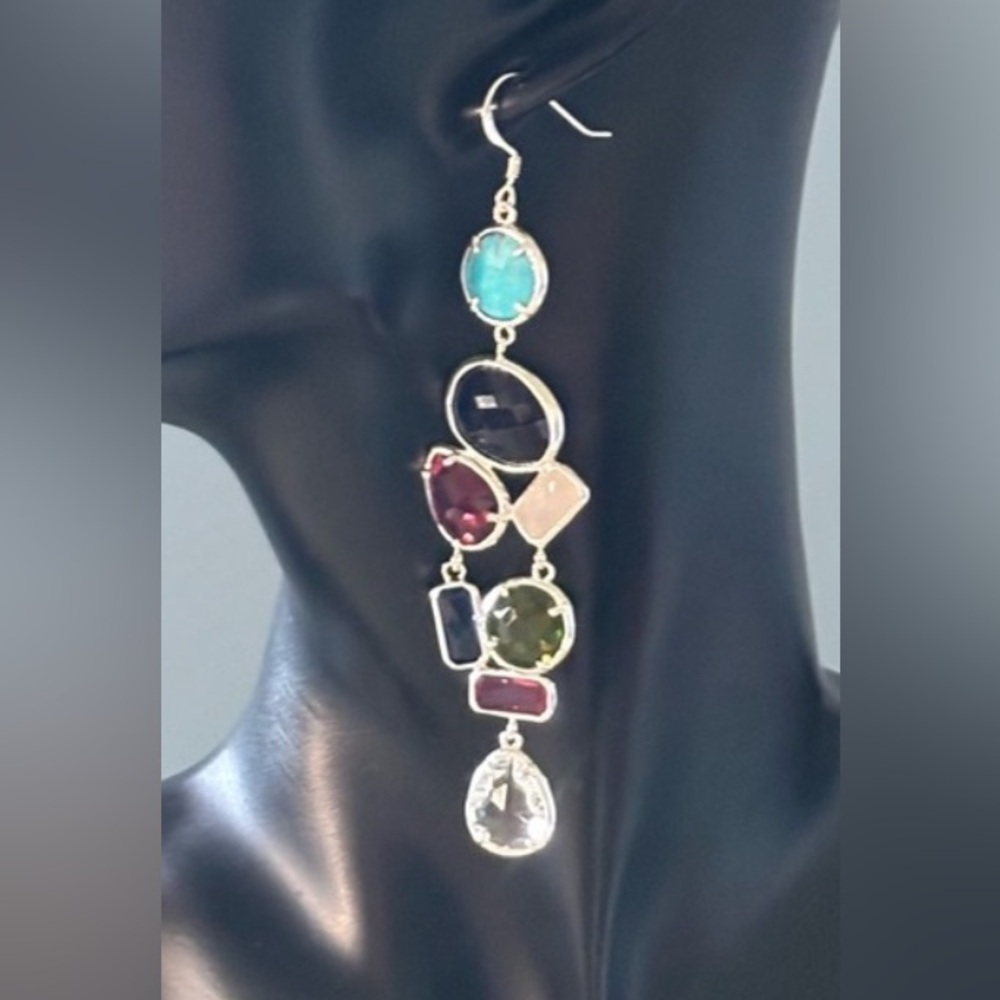 Turquoise, Quartz & Austrian Crystal Silver Bezel Drop Earrings